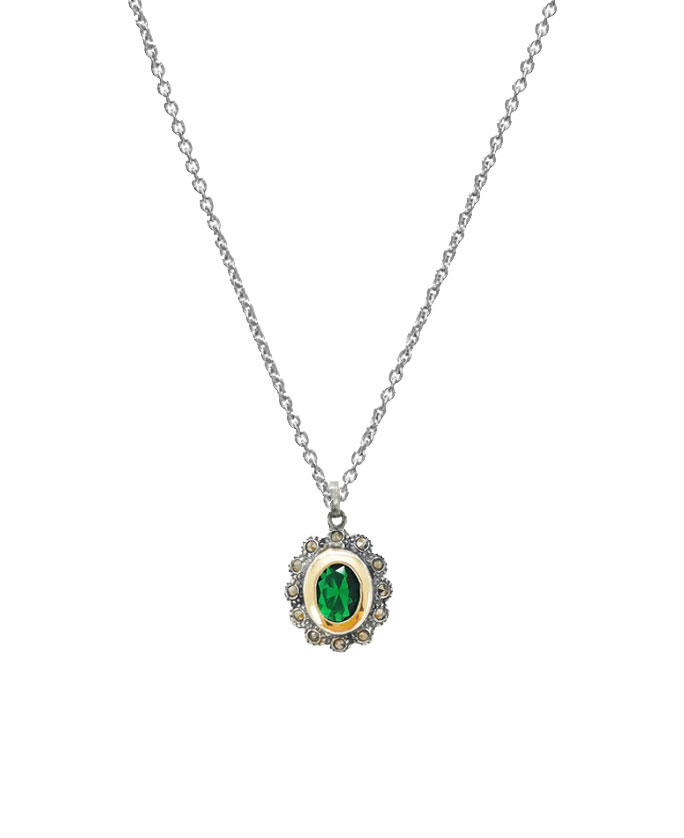 Colar Prata Medalha zircónia Verde e marcassites com Ouro